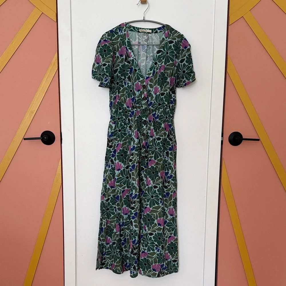 Marine Layer Annika Dress Floral Green and Purple Midi S Small - Picture 1 of 6